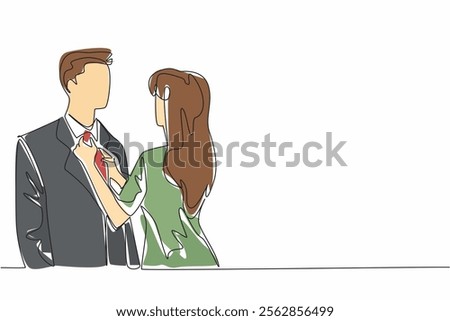 Single continuous line drawing wife adjusts her tie position of husband. Get ready for a super romantic dinner at a classic restaurant. Husband Appreciation Day. One line design vector illustration