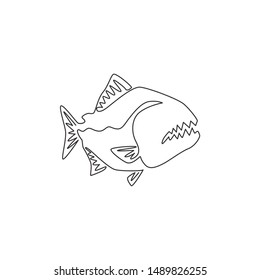 Single continuous line drawing of wild and fierce piranha for logo identity. Monster fish mascot concept for warning dangerous river sign icon. One line draw graphic design vector illustration