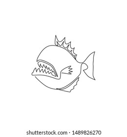 Single continuous line drawing of wild and fierce piranha for logo identity. Monster fish mascot concept for warning dangerous river sign icon. One line draw graphic design vector illustration