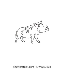 Single continuous line drawing of wild common warthog for company logo identity. Saharan Africa pig mascot concept for national conservation park icon. Modern one line draw design vector illustration