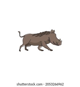 Single continuous line drawing of wild common warthog for company logo identity. Saharan Africa pig mascot concept for national conservation park icon. Modern one line draw design vector illustration
