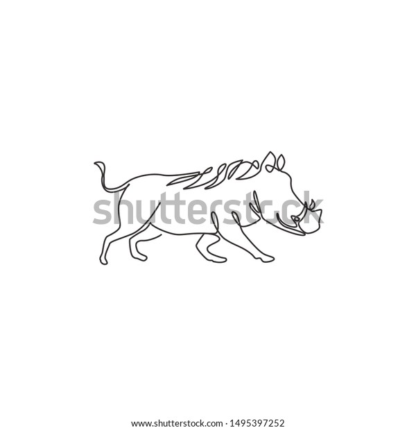 Single continuous line drawing of wild
common warthog for company logo identity. Saharan Africa pig mascot
concept for national conservation park icon. Modern one line draw
design vector
illustration