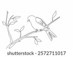 Single continuous line drawing willow warblers perched on tree branches. The inconspicuous chirp. Sweet chirps in garden. Songbird. International Dawn Chorus Day. One line design vector illustration