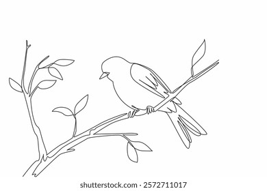 Single continuous line drawing willow warblers perched on tree branches. The inconspicuous chirp. Sweet chirps in garden. Songbird. International Dawn Chorus Day. One line design vector illustration