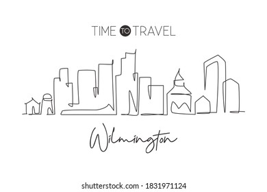 Single continuous line drawing Wilmington city skyline, Delaware. Famous city scraper landscape. World travel home wall decor art poster print concept. Modern one line draw design vector illustration