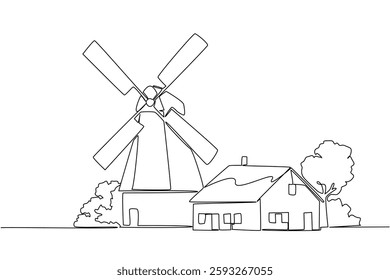 Single continuous line drawing windmill with house. Giant waterwheel to smooth irrigation channels. Eco friendly house. Balance of nature. National Windmill Day. One line design vector illustration