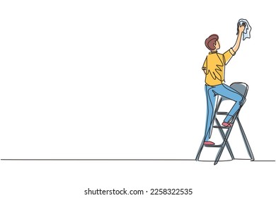 Single continuous line drawing window washer is cleaning window using a squeegee. Housekeeping service. Cleaner standing on ladder and washing with sponge. One line draw design vector illustration