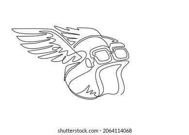 Single continuous line drawing winged racer helmet. Custom motorcycles. Emblem template with winged racer helmet. Design element for logo, label, emblem, sign. One line draw design vector illustration