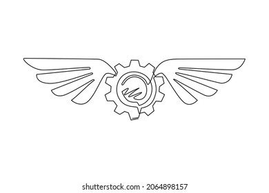 Single continuous line drawing winged gear silver logo. Metal gear with wings. Brass round banner with metal wings, brass gears on striped steampunk. One line draw graphic design vector illustration
