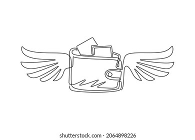 Single Continuous Line Drawing Winged Wallet Logo. Purse With Wings Icon. Losing Money, Spending, Pay, Wasteful, Gone Money, Financial Concept. Dynamic One Line Draw Graphic Design Vector Illustration