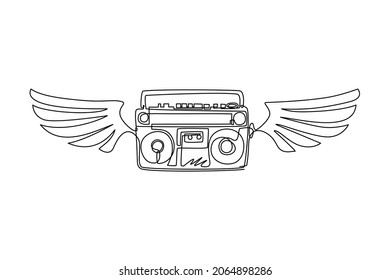 Single continuous line drawing winged boombox black and white music emblem. Tape recorder monochrome graffiti with wings. Retro radio icon. Dynamic one line draw graphic design vector illustration