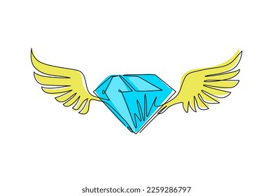 Single continuous line drawing winged diamond for jewelry, royalty, boutique, hotel, heraldic and fashion. Wings and diamond shapes symbol. Dynamic one line draw graphic design vector illustration