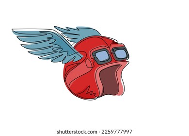Single continuous line drawing winged racer helmet. Custom motorcycles. Emblem template with winged racer helmet. Design element for logo, label, emblem, sign. One line draw design vector illustration