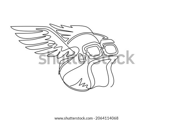 Single continuous line drawing winged racer\
helmet. Custom motorcycles. Emblem template with winged racer\
helmet. Design element for logo, label, emblem, sign. One line draw\
design vector\
illustration