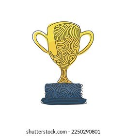 Single continuous line drawing winner's trophy icon. Golden trophy vector is symbol of victory in sports event. Swirl curl style concept. Dynamic one line draw graphic design vector illustration