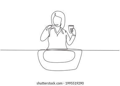 Single continuous line drawing woman brushing her teeth in sink. Routine habits every morning for cleanliness, health, freshness of mouth and teeth. One line draw graphic design vector illustration