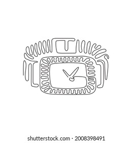 Single continuous line drawing woman watch, gold and white color, with diamonds and rhinestones, gold bracelet. Luxury watch. Swirl curl style. Dynamic one line draw graphic design vector illustration
