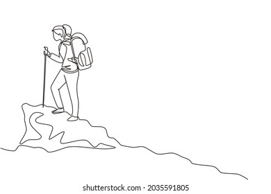 Single Continuous Line Drawing Woman Climbing Up Cliff Or Mountain. Funny Hikers, Tourists Or Climbers Isolated On White Background. Happy Girl Hiking Or Trekking. One Line Draw Vector Illustration