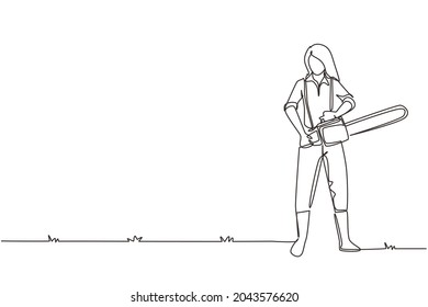 Single continuous line drawing woman lumberjack with workwear and chainsaw. Wearing shirt, jeans, boots. Female woodcutter pose on the logging forest. One line draw graphic design vector illustration