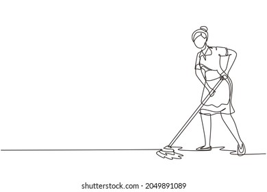 Single Continuous Line Drawing Woman Mopping Floor In Uniform. Girl Cleaner Janitor Cleaning Office. Cleaning Service, Hospital Disinfection. Cleaning Workers. One Line Draw Design Vector Illustration