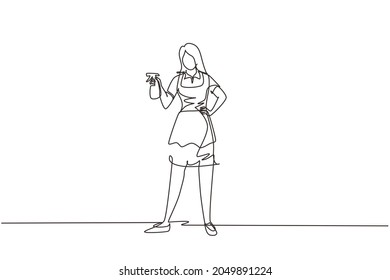 Single continuous line drawing woman washing windows at home. Housework chores, female doing house work domestic duties. Girl cleaning, tidying up. Housekeeping routine. One line draw design vector