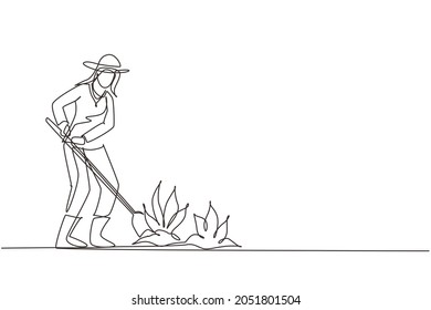 Single continuous line drawing woman digs up the ground with a shovel. Planting, growing vegetables. The care of garden. Agriculture, farming. Dynamic one line draw graphic design vector illustration