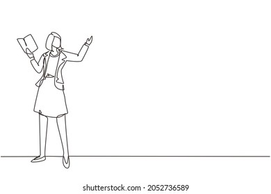 Single continuous line drawing woman teacher teaching lesson in front classroom with open book. College class of university teacher teach. Female teaching. One line draw design vector illustration