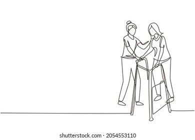 Single continuous line drawing woman walking in medical rehabilitation, physical therapy. Female in recovery doing exercises. Girl therapist helping in rehab healthcare. One line draw design vector