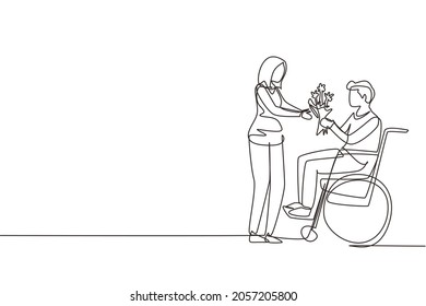 Single continuous line drawing woman and disabled man in wheelchair. Male give bouquet of flower to female. Family moral support. Disability rehabilitation. One line draw design vector illustration