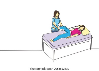 Single Continuous Line Drawing Woman Lying On Massage Table Professional Masseur Therapist Doing Healing Treatment Massaging Patient Treating Knee Manual Physical Therapy. One Line Draw Design Vector