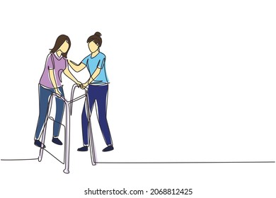 Single continuous line drawing woman walking in medical rehabilitation, physical therapy. Female in recovery doing exercises. Girl therapist helping in rehab healthcare. One line draw design vector