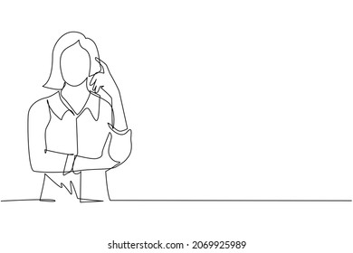 Single continuous line drawing woman touching her temples and remembering something. Female holding finger on head and feeling tired exhausted, chronic work stress. One line draw graphic design vector