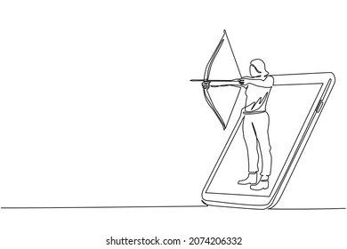 Single continuous line drawing woman with bow and arrow getting out of smartphone screen. Mobile sports play matches. Online archery game with live mobile app. One line draw design vector illustration