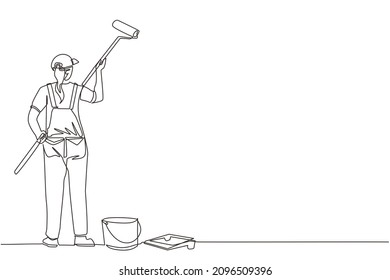 Single continuous line drawing woman painting wall with roller. Vector concept illustration on home repair, renovation, freshen up. Female painter professional at work. One line draw design graphic