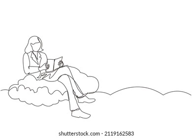 Single continuous line drawing woman sitting on cloud reading book. Businesswoman. Teacher. Marketer. Director. Chief. Financier. Higher education. Career growth. One line draw graphic design vector