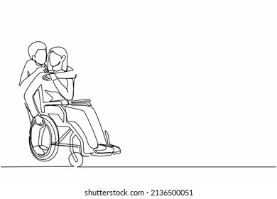 Single continuous line drawing woman in wheelchair after car accident   her husband to give encouragement  Mutual care has made people and disabilities equality in society  One line design vector
