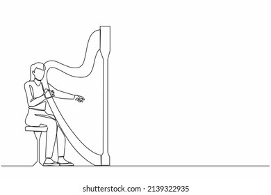 Single continuous line drawing woman musician playing harp. Classical music performer character with musical instrument. Female sitting, playing harp. One line draw graphic design vector illustration