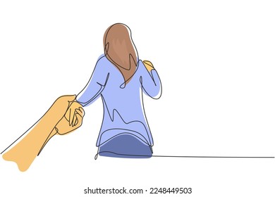 Single continuous line drawing woman holding man hand while leading him nature outdoor  Couple in love    promise to be faithful to each other  One line draw graphic design vector illustration