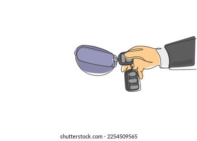 Single continuous line drawing woman with car key. Hand holding car key and alarm system. Female hand holding car key with alarm keychain. Dynamic one line draw graphic design vector illustration