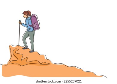 Single continuous line drawing woman climbing up cliff or mountain. Funny hikers, tourists or climbers isolated on white background. Happy girl hiking or trekking. One line draw vector illustration