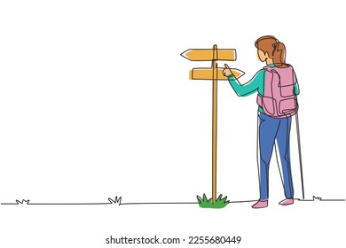 Single continuous line drawing woman hiker standing near direction sign or pointer. Girl with backpacks searching for location. Gets lost on nature. One line draw graphic design vector illustration