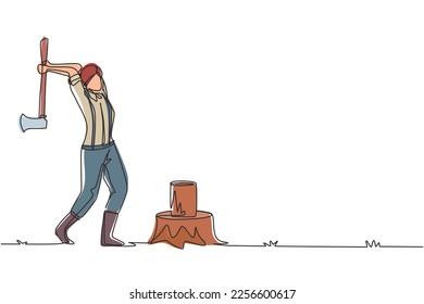 Single continuous line drawing woman woodcutter or lumberjack chopping wood with axe. Wearing shirt, jeans and boots. Female with ax in her hands cuts tree. One line draw design vector illustration