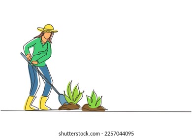 Single continuous line drawing woman digs up the ground with a shovel. Planting, growing vegetables. The care of garden. Agriculture, farming. Dynamic one line draw graphic design vector illustration