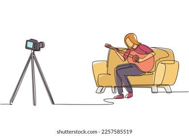 Single continuous line drawing woman blogger recording and live steam playing guitar on social media. Concept of guitarist online lesson while stay at home. One line draw design vector illustration