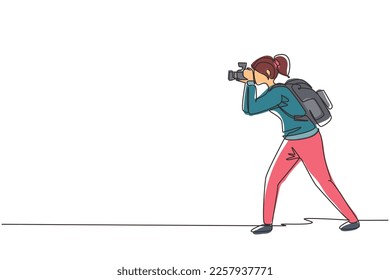 Single continuous line drawing woman journalist or reporter with backpack making pictures. Photographers of paparazzi taking photo with digital cameras dslr. One line draw design vector illustration