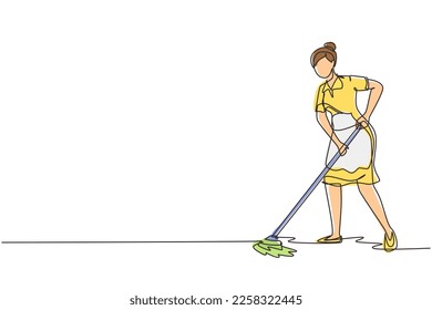 Plano de corte de línea continua de una sola mujer con piso de corte uniforme. Oficina de limpieza de limpieza para chicas. Servicio de limpieza, desinfección hospitalaria. Trabajadores de limpieza. Ilustración vectorial de diseño de líneas de una línea