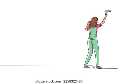 Single continuous line drawing woman janitors cleaners cleaning windows with cleaning tools. Professional employee of cleaning company working process. Dynamic one line draw design vector illustration