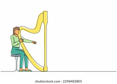 Single continuous line drawing woman musician playing harp. Classical music performer character with musical instrument. Female sitting, playing harp. One line draw graphic design vector illustration