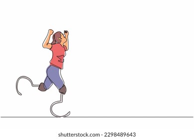 Single continuous line drawing woman athlete marathon runner with prostheses instead of legs. Sports for disabled, Disability games. Run. Active life with physical injury. One line draw design vector