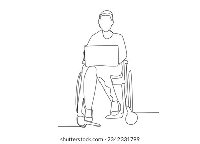 Einzelne fortlaufende Zeichnung einer Frau im Rollstuhl, die auf dem Laptop arbeitet